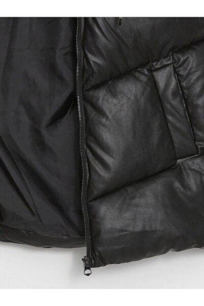 LC Waikiki Women's Puffer Vest - Plain Leather Look, Hooded