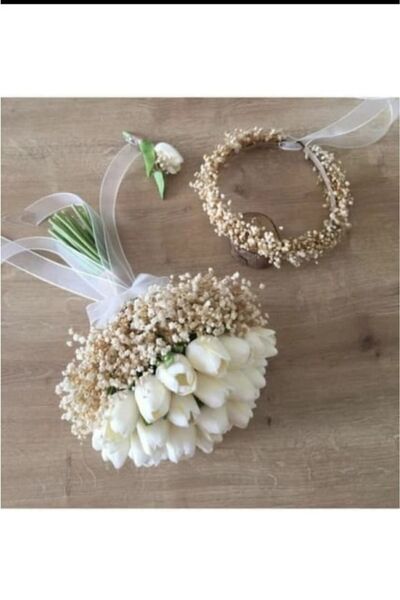 Merveparti Islak Lale Taçlı Gelin Buketi ,gelin Çiçeği Atmalık Çiçeği ,yaka Ç...