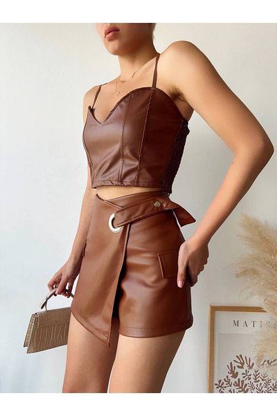 ubmbutik Γυναικείο σορτς από συνθετικό δέρμα - Μίνι φούστα, με λεπτομέρεια Bird Eye