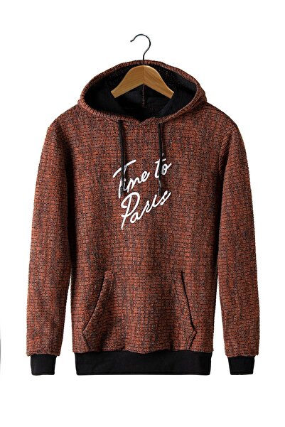 ADEGO سويت شيرت رجالي محبوك مطرز بلون الطوب - هودي وجيب الكنغر