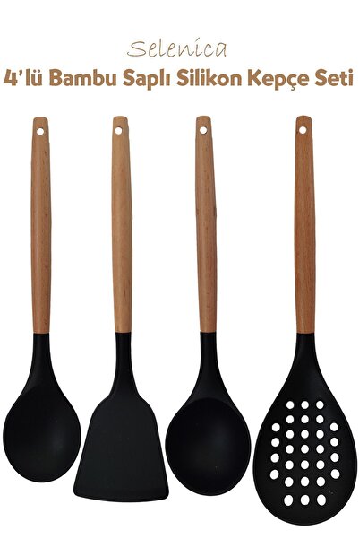 Selenica Silikon Bambu Saplı 4 Parça Mutfak Servis Seti Kaşık, Spatula, Kepçe...