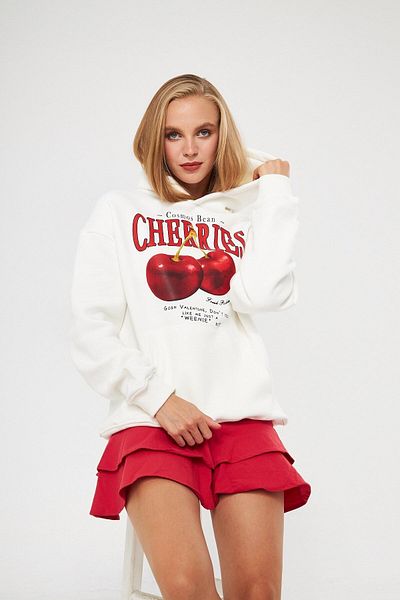 The Champ Clothing Hanorac cu glugă supradimensionat alb cu imprimeu cireșe și cireșe din lână