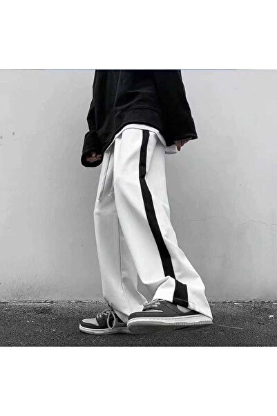 NO 601 Ανδρικό λευκό καλοκαιρινό φαρδύ παντελόνι με μαύρο κομμάτι στο πλάι