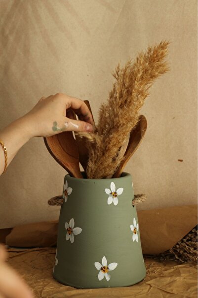 Hoyatap El Yapımı Hasır Kulplu Retro Yeşil Desenli Kaşıklık & Vazo