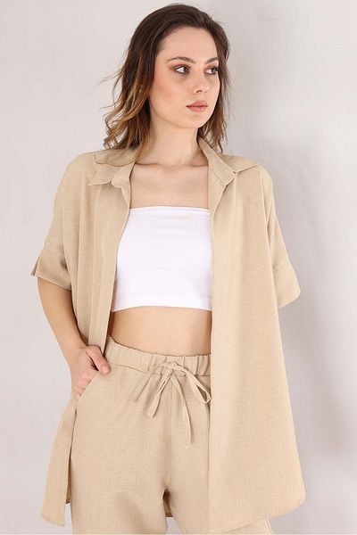 Fashion Showcase Cămașă oversize cu mânecă scurtă din in pentru femei - bej