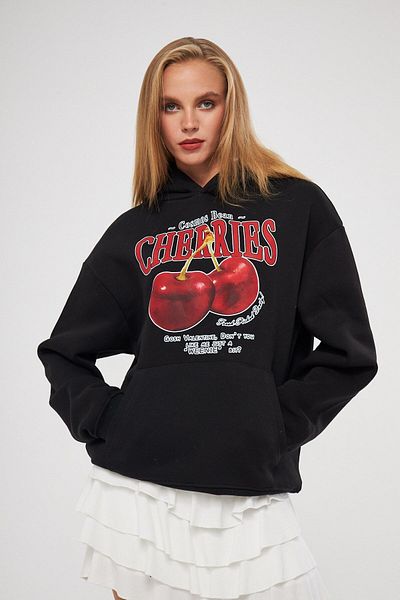 The Champ Clothing Суитшърт с качулка отвътре от полар и череши, надпис „Черешовина“, черен, голям размер
