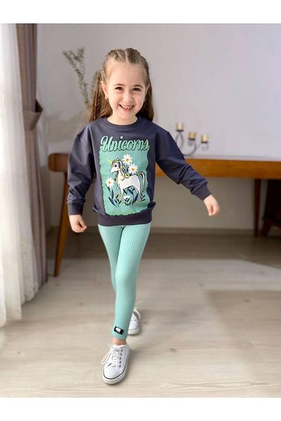 öykümgaleria Girl's Unicorn 2 Yarn Fabric Ribbed Tights Bottom Top Set