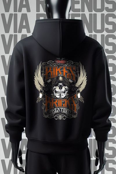 Vordevia Biker Bricks 3 Thread Wide Fit - Front and Back Printed Black Hooded Sweatshirt