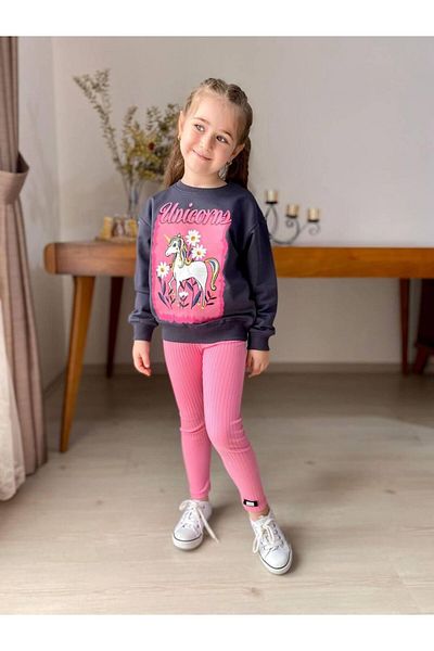 öykümgaleria Girl's Unicorn 2 Yarn Fabric Ribbed Tights Bottom Top Set