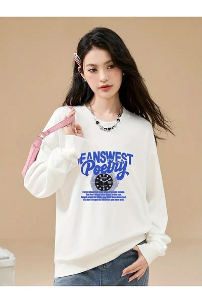 PALPİTO Hanorac alb pentru damă cu imprimeu Jeanswest - Gât crew