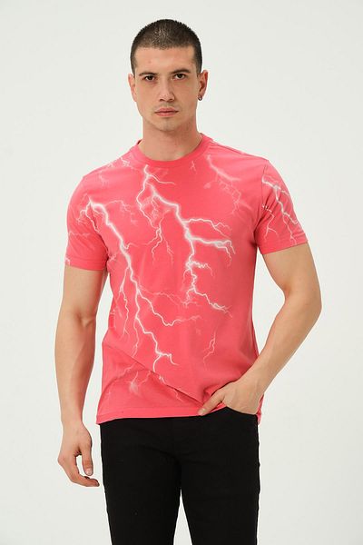 QUHOX Men's Rose Red Lightning Printed Regular Fit T-Shirt