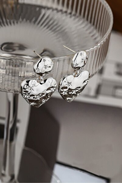 Dora Accessories Yıldız Desenli Sallantılı Rodyum Kalp Küpe Pirinç Kaplamalı Vintage Küpe