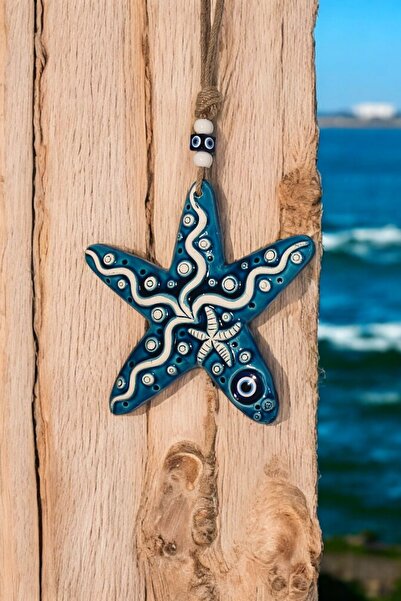 Revard Home Nazar Boncuklu Seramik Deniz Yıldızı Desenli Kumsal ve Boncuk Dekoratifli Çok Amaçlı Süs 13X18 CM