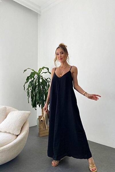 lumuteks Aerobin Kumaş Ayarlanabilir Askılı Uzun Siyah Elbise