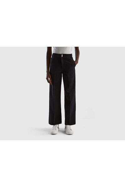 United Colors of Benetton Black Denim Women's Trousers - Elastic Waist and Wide Leg