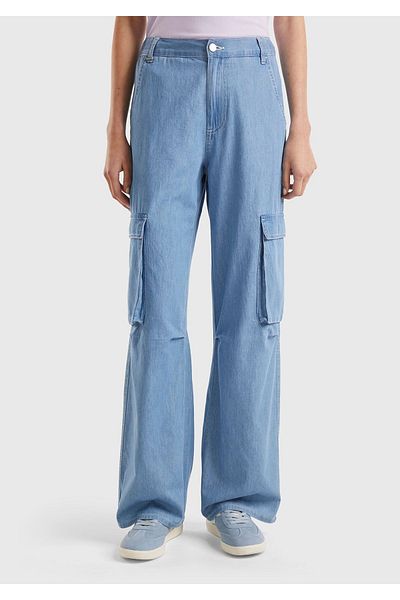 United Colors of Benetton Blue Denim Cargo Pants - 100% Cotton, Patch Pocket and Belt Hole