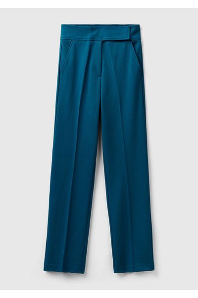 United Colors of Benetton Petrol Blue Viscous Women's Trousers - Thick Band and Pockets