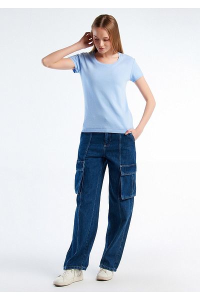 United Colors of Benetton Women's Light Blue 100% Cotton Crew Neck Short Sleeve Sweatshirt