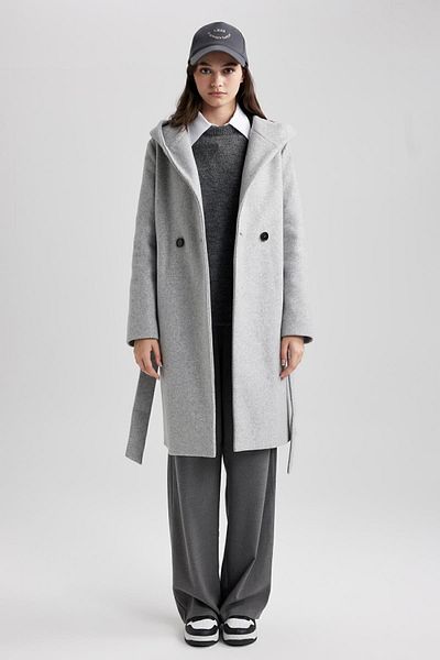 DeFacto Hooded Regular Fit Belted Cashmere Coat - A0991ax23wn
