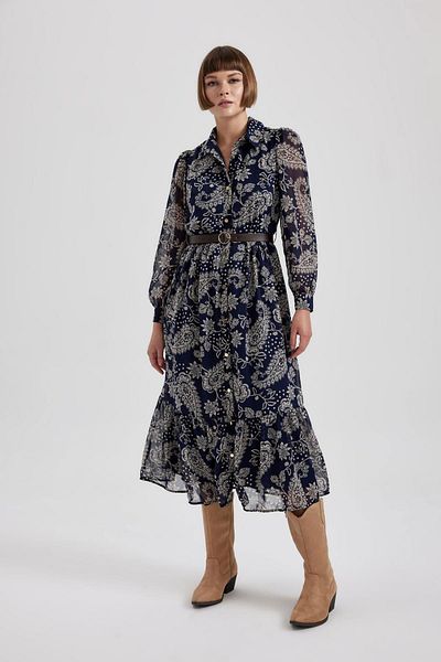 DeFacto Patterned Shirt Collar Long Sleeve Chiffon Midi Dress - B3763Ax23Au