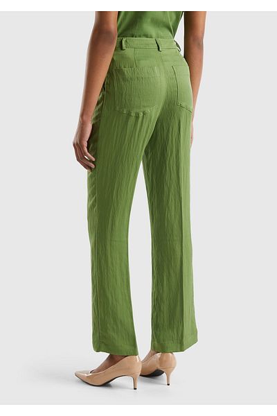 United Colors of Benetton Women's Pale Green Lyocell Blended Double Pleated Belt Hole Pants