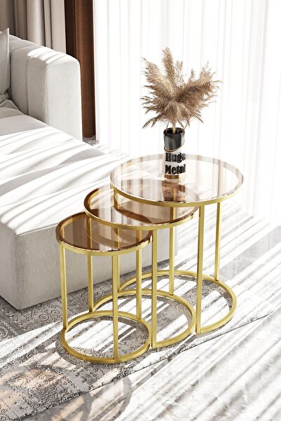 Huga Metal Ceylin Zigon Sehpa Temperli Bronz Cam