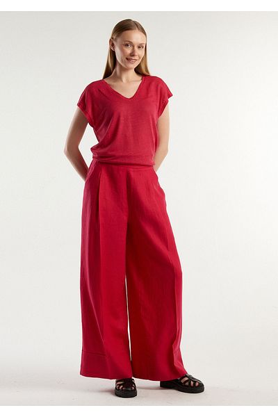 United Colors of Benetton Fuchsia Linen Women's Trousers - 100% Linen, Elastic Waist, Wide Cut