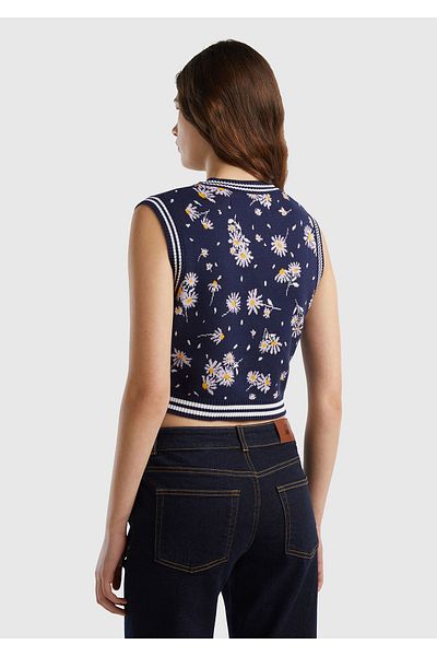 United Colors of Benetton Dark Navy Blue Floral Patterned 100% Cotton Women's Crop Sweater - Crew Neck