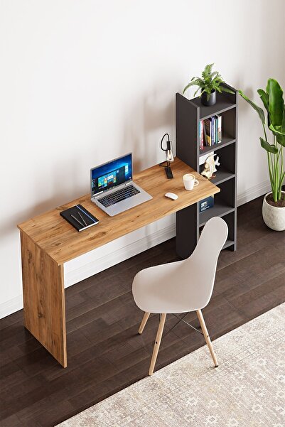 interGO Kitaplıklı Fonksiyonel Çalışma Masası - Atlantik Çam - Antrasit Gri