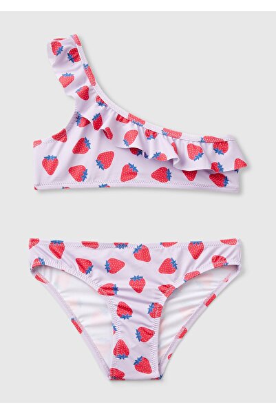 United Colors of Benetton Lilac Patterned Single Shoulder Frilly Girl's Bikini Set