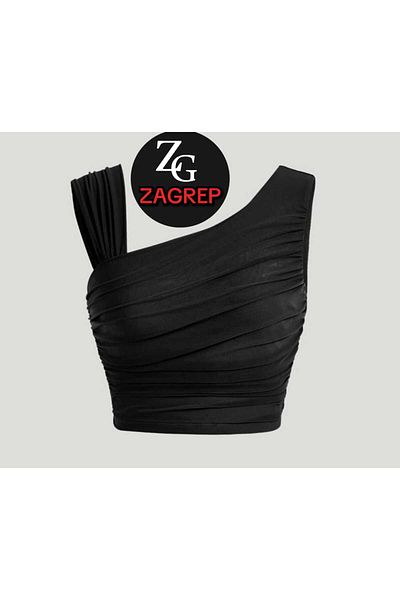 Zagrep Black Silk Jersey Crop Top - Shoulder and Sleeve Detail, Does Not Show Draped and Inner