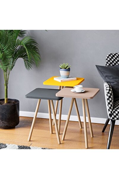 interGO Renkli Üçlü Zigon Sehpa Ahşap Ayaklı Kare Pastel Tasarım Gri Sarı Cappuccino