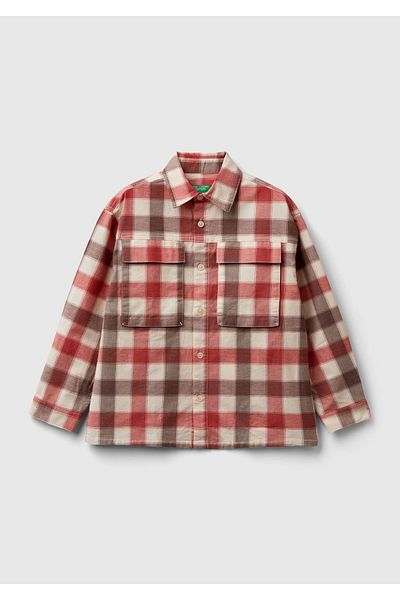 United Colors of Benetton Red-coffee Plaid Patterned Boy's Shirt - Patch Pocket and Back Robe
