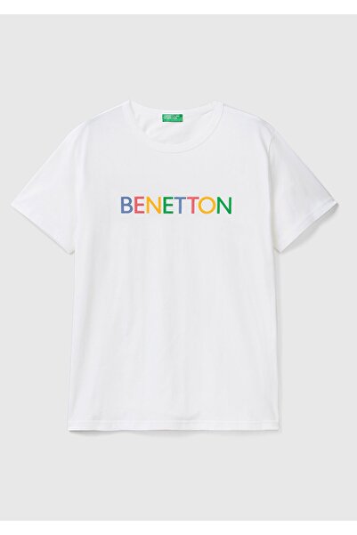 United Colors of Benetton Ανδρικό μπλουζάκι με πράσινο λογότυπο Fluo με τύπωμα από οργανικό βαμβάκι με λευκό-χρωμα γράμματα