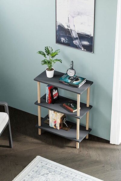 interGO Dekoratif 3 Raflı Ahşap Ayaklı Kitaplık Yan Sehpa