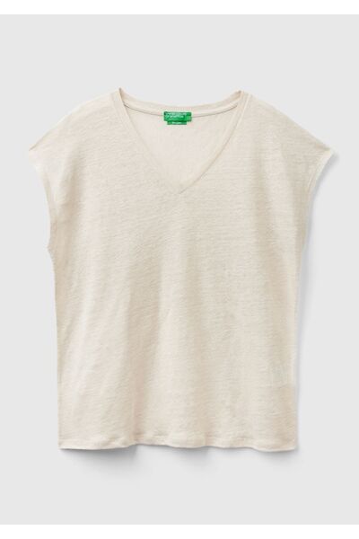 United Colors of Benetton Αμάνικο μπλουζάκι σε μπεζ λινό V λαιμόκοψη - Άνετη εφαρμογή 100% λινό