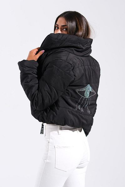 Keyifli Moda Black Stone Printed Women's Puffer Jacket - Stand Collar