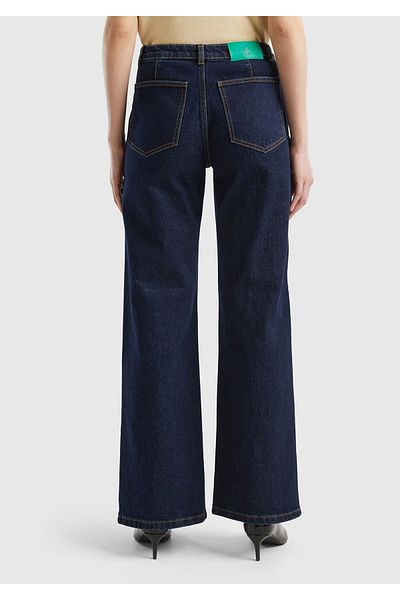 United Colors of Benetton Women's Black Cotton Blended High Waist Wide Leg Denim Trousers