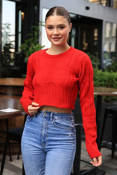 ALCHON Round Crew Neck Long Sleeve Hair Braided Winter Short Knitwear Sweater