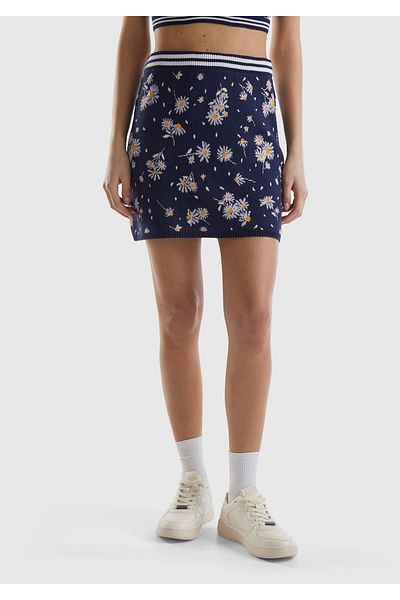 United Colors of Benetton Σκούρο Navy Blue Floral μοτίβο 100% βαμβακερή γυναικεία μίνι φούστα - Λεπτομέρεια μέσης
