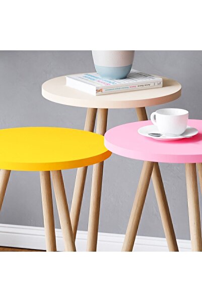 interGO Renkli Üçlü Zigon Sehpa Ahşap Ayaklı Yuvarlak Pastel Tasarım Sarı Krem Pembe