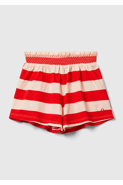 United Colors of Benetton Girls' Red-Cream Front Logo Embroidered Color Block Gathered Waist Flared Cut Shorts