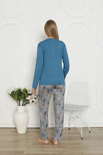 KAPİTEX Set de pijamale cu mâneci lungi, cu guler cu trei nasturi, cu imprimeu de culoare somon