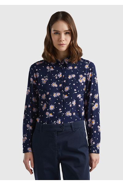 United Colors of Benetton Cămașă de damă cu mânecă lungă, 100% viscoză, albastru bleumarin