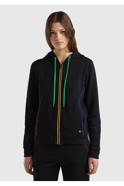United Colors of Benetton Hanorac cu glugă Koton negru - cu fermoar și nervuri colorate