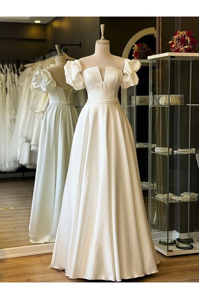 Lenta Wedding الأبيض الخامس الرقبة بالون الأكمام الساتان ماكسي طول فستان الزفاف هيلين