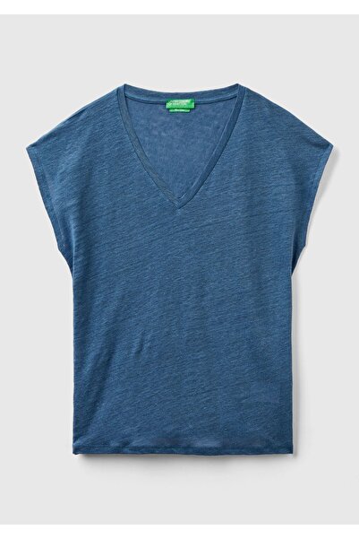 United Colors of Benetton Γυναικείο μπλουζάκι Midnight Blue 100% λινό Άνετη Εφαρμογή με βαθύ V λαιμόκοψη αμάνικο μπλουζάκι