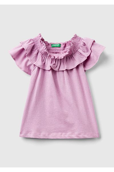United Colors of Benetton تي شيرت بناتي وردي مكشكش برقبة قارب - مقاس مريح