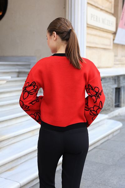 ALCHON Round Crew Neck Long Sleeve Wide-Neck Floral Jacquard Pattern Color-Blocked Winter Knitwear Sweater