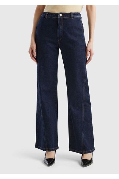 United Colors of Benetton Women's Black Cotton Blended High Waist Wide Leg Denim Trousers